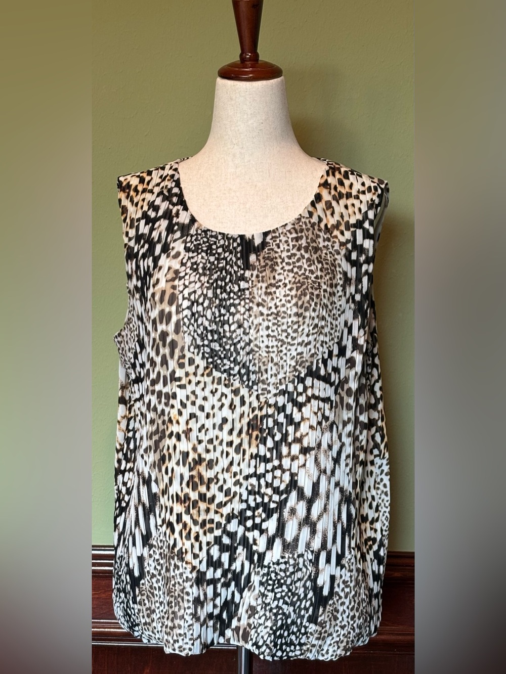Calvin Klein Animal Print Pleated Camisole - Black, White & Brown